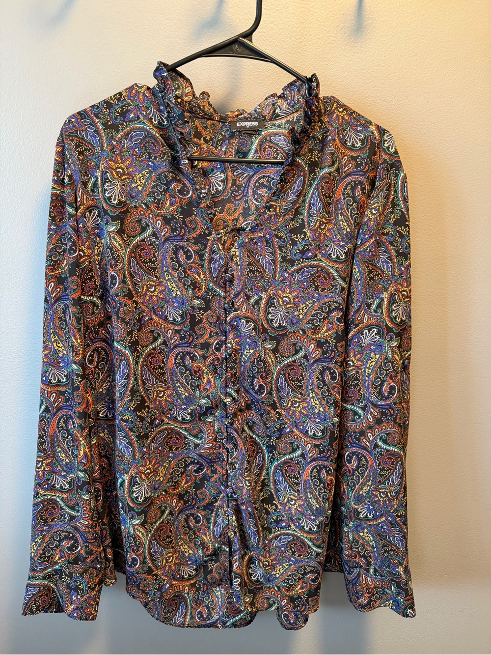 Express Black Paisley Button-Down Blouse with Jewel Tones